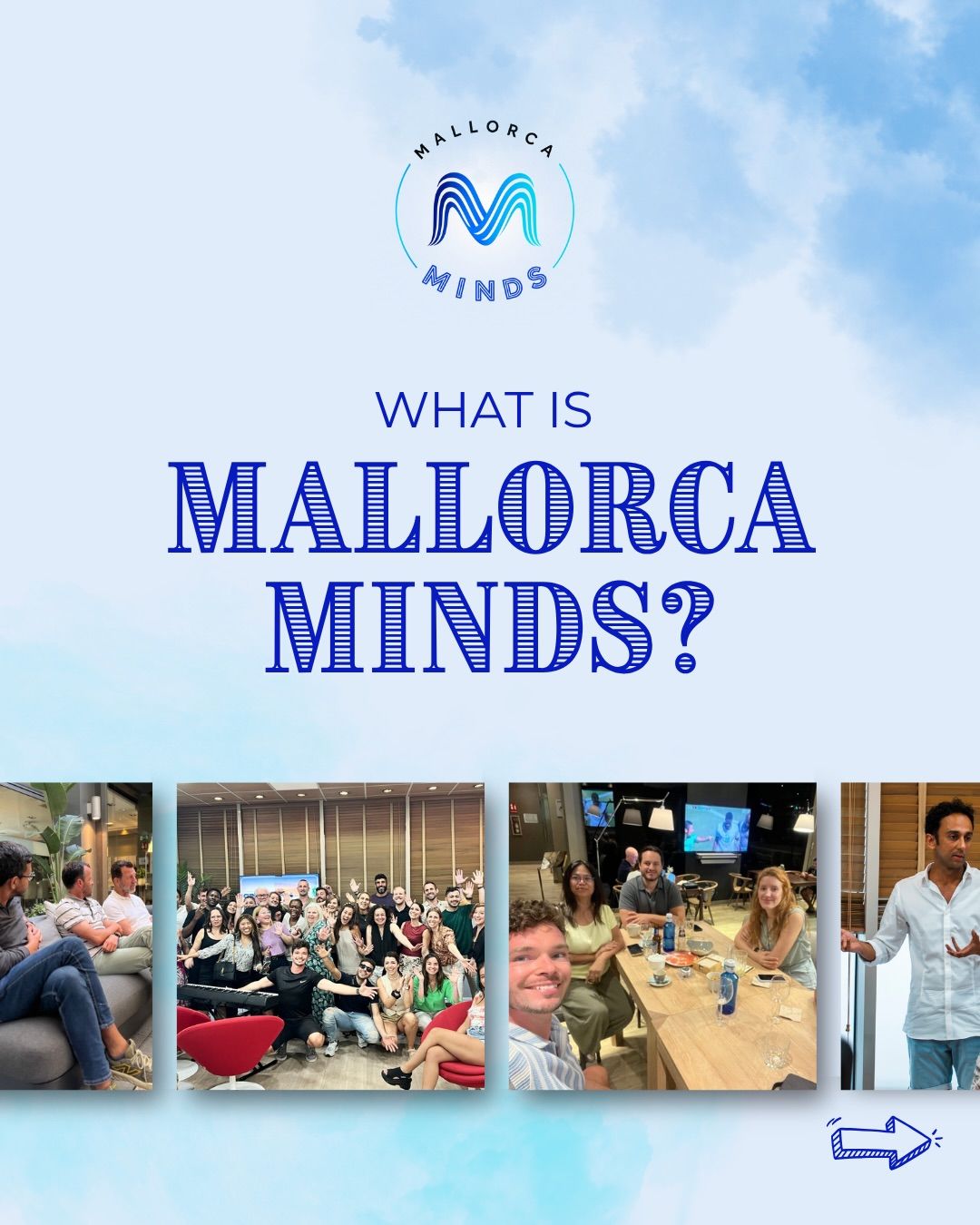 What is Mallorca Minds? First slide of a six-slide Instagram carousel introducing the Mallorca Minds community.