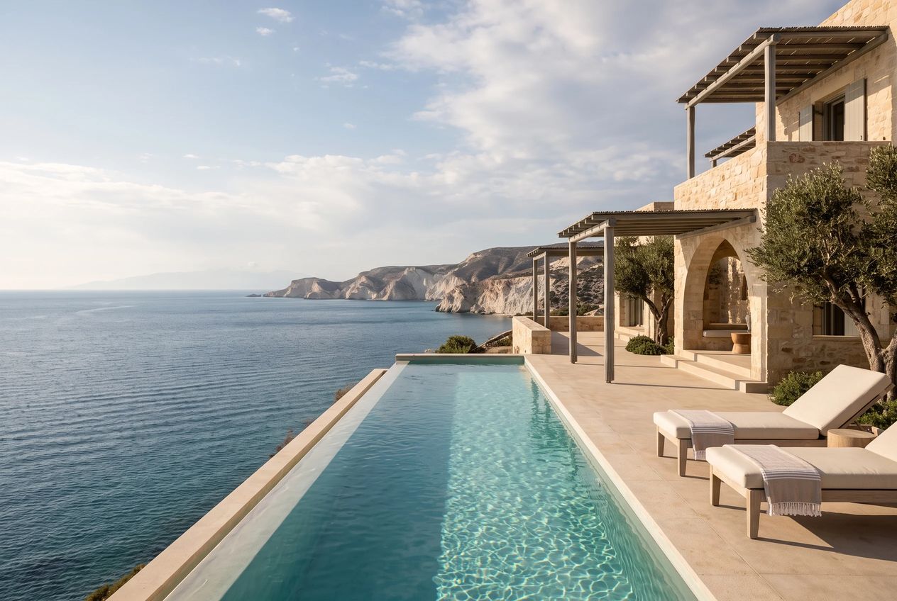 Warm limestone retreat above the Mediterranean, with a sea-facing pool and sunlit terraces