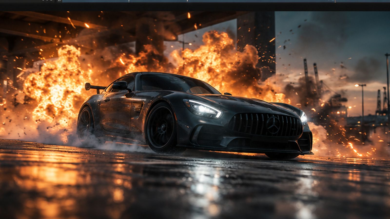 Final action frame with an explosion behind the sports car
