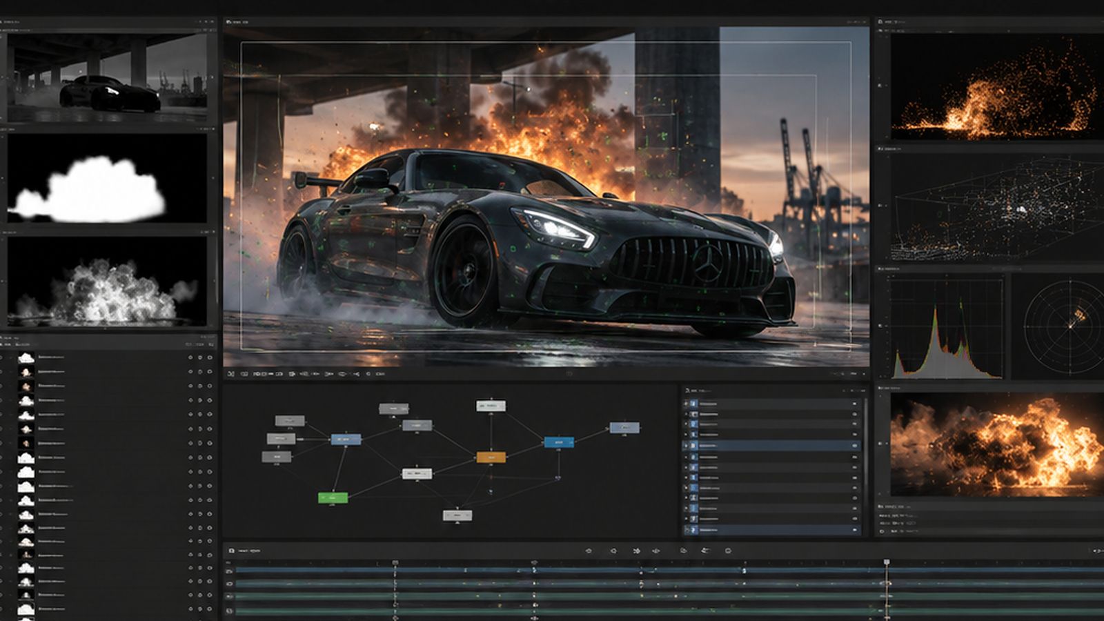 The car and explosion in a visual-effects compositing interface
