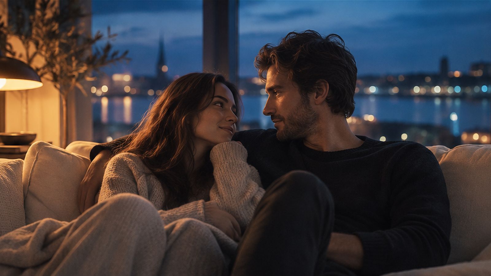 Final romantic two-shot with warm light and cool evening colors