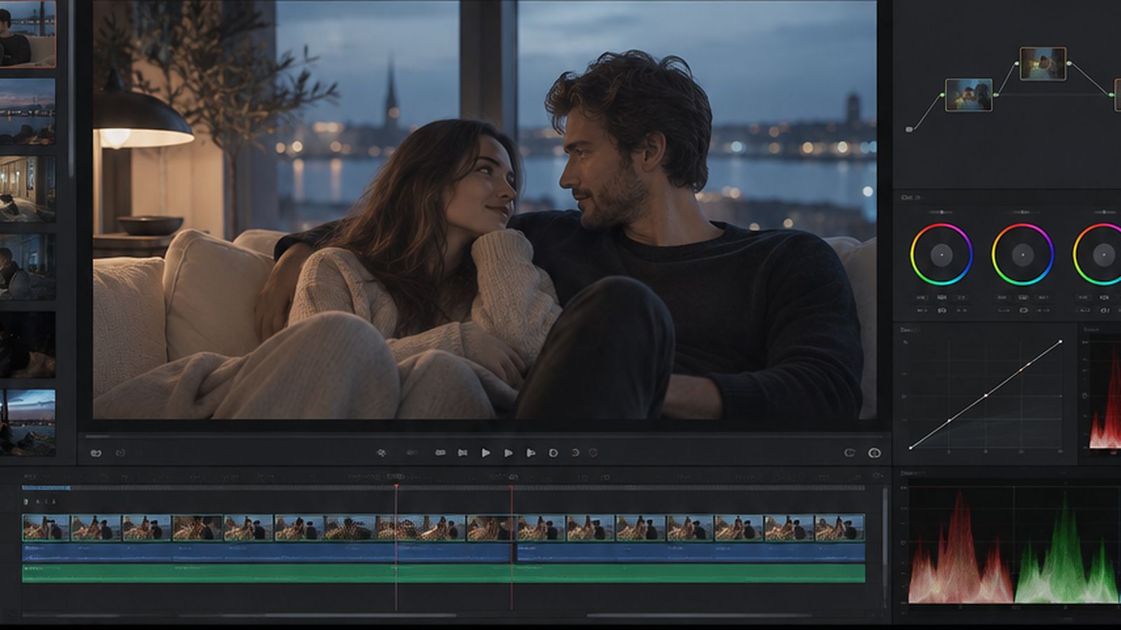 The romantic two-shot in a color-grading interface