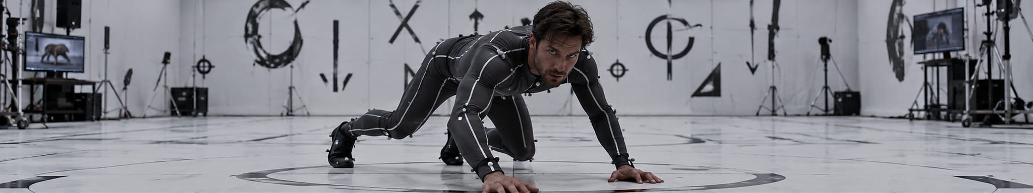 A performer on all fours in a motion-capture studio