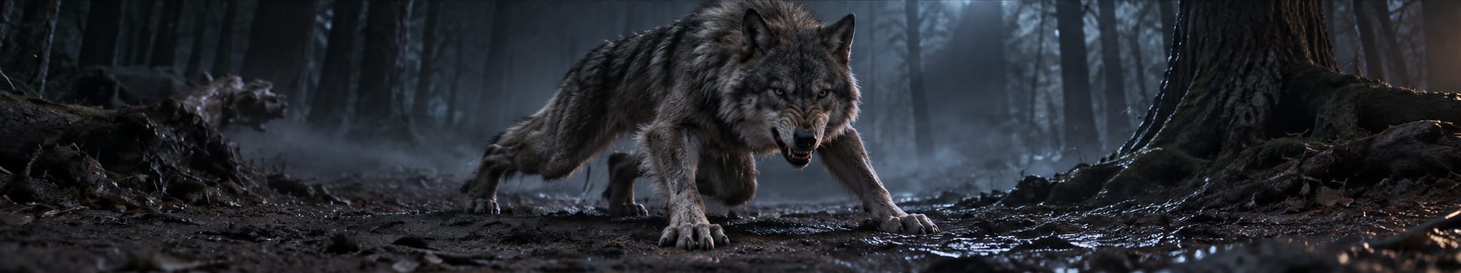 The final snarling wolf in a dark forest, in the matching pose
