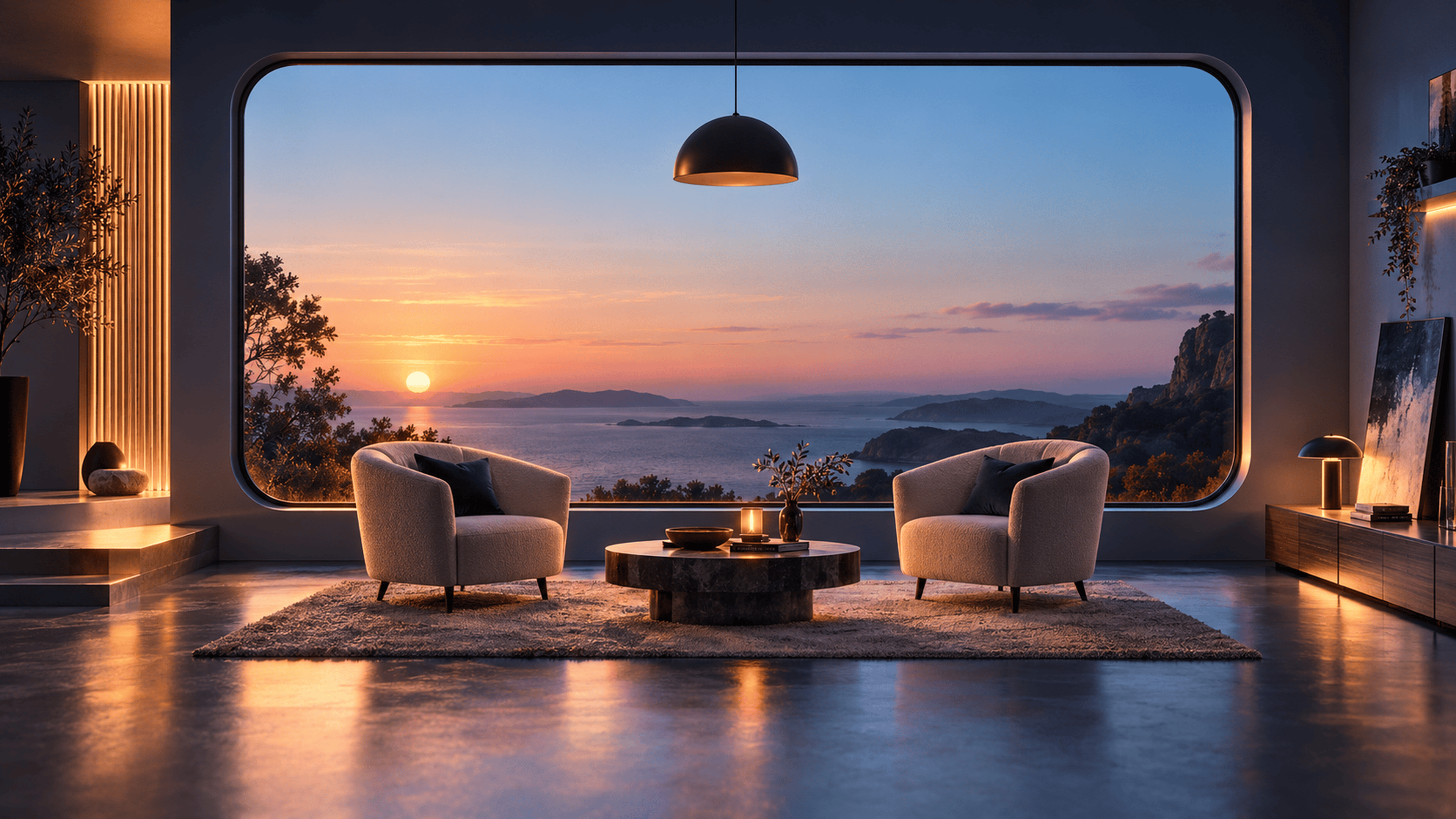 Two armchairs facing a panoramic window over the sea at sunset