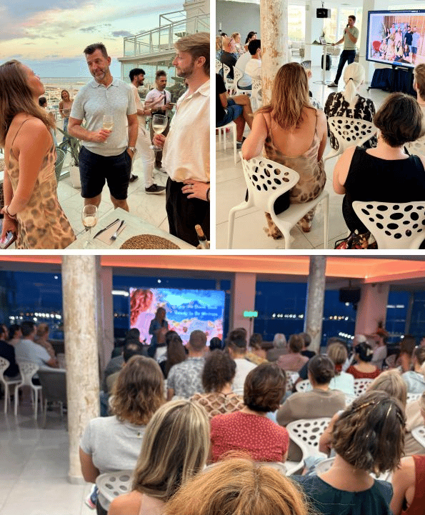 Collage showing conversations, a speaker presenting and a seated audience at Mallorca Minds events at Hotel Amic Horizonte.